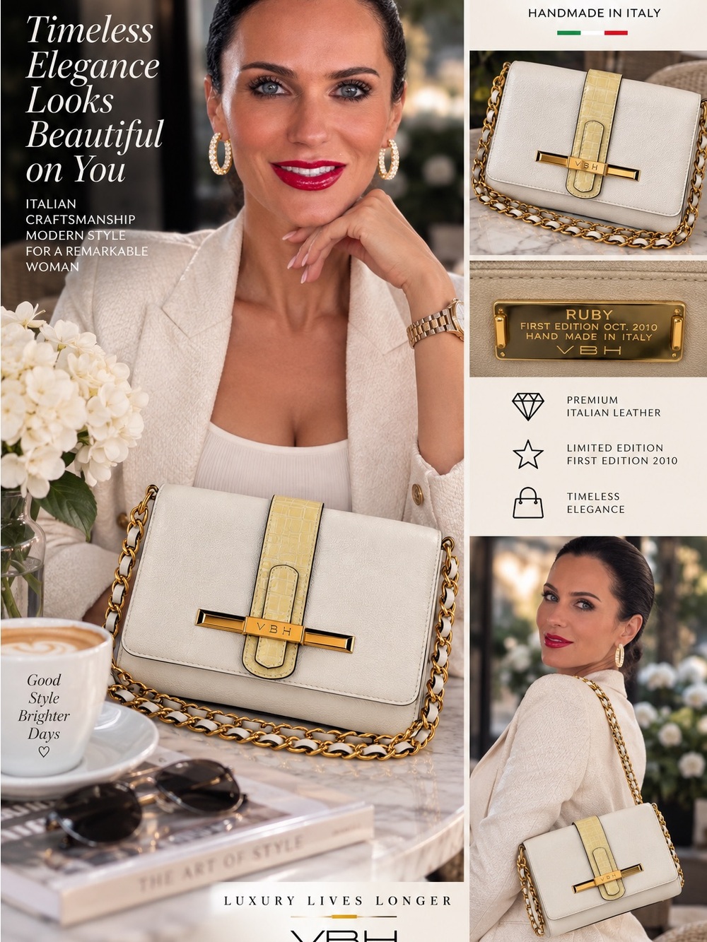 Authentic VBH Cream & Gold Leather Chain Crossbody Bag